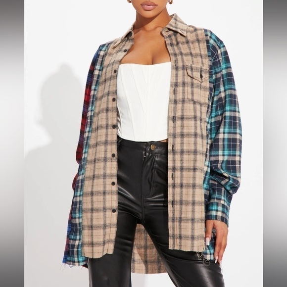 Fashion nova I already know flannel Tunic button-down shirt multicolor size L - Picture 1 of 4